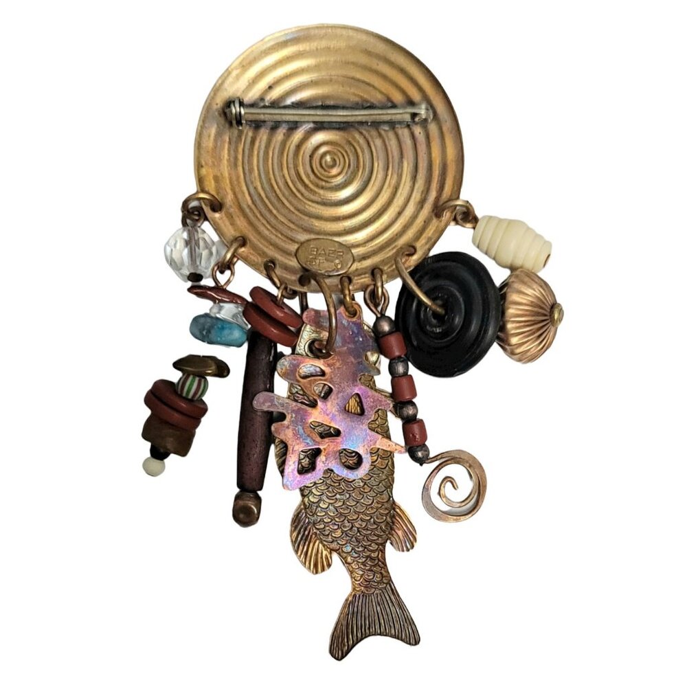 Marjorie Baer Brass Round Spiral, Multi Charm, Fish, Bead, Stone Dangle Brooch - Picture 4 of 8